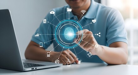 Biometric authentication security system concept with fingerprint scan and data protection access