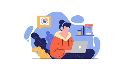 A person wearing headphones and working on a laptop, likely engaged in remote work or studying, with a minimalist illustration style and a focus on technology and lifestyle.
