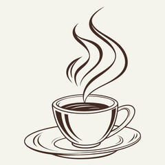 Obraz premium Minimalist Steaming Coffee Cup Line Art – Elegant Monochrome Vector Illustration of Cup and Saucer with Steam, Perfect for Coffee Shop Branding, Menus, Wall Decor & Cafe Logos