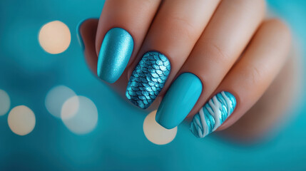 Ocean-themed acrylic nails featuring blue tones, perfect for nail art enthusiasts and beauty lovers.