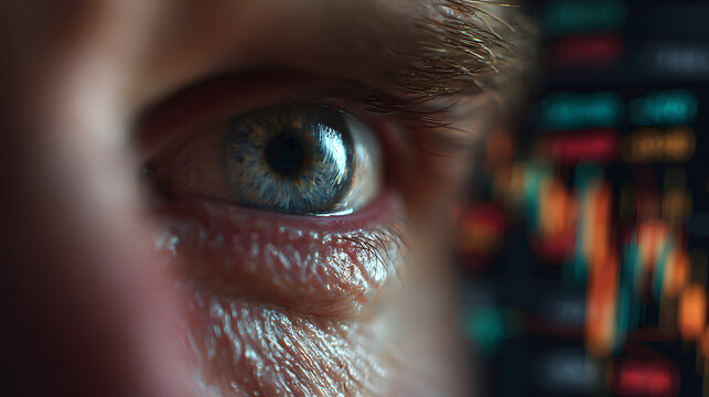Intense Gaze: Close-Up of Blue Eye Reflecting Financial Data Chart