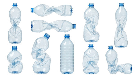 A striking studio shot showcases a collection of crushed and uncrushed plastic bottles against a transparent background, illustrating waste and the need for recycling.