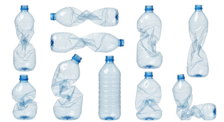 A striking studio shot showcases a collection of crushed and uncrushed plastic bottles against a transparent background, illustrating waste and the need for recycling.