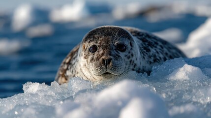 Charming seal resting on icy shores under the bright winter sun