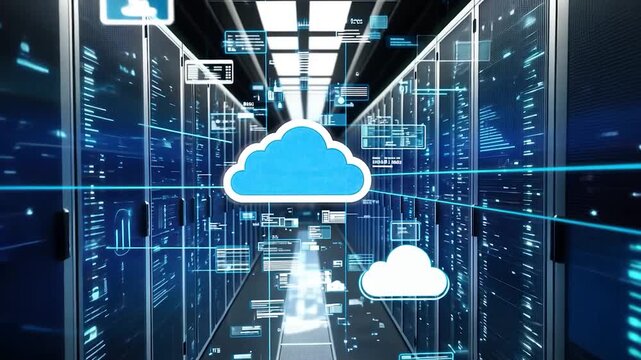 A futuristic server room with glowing data streams and cloud icons - Powered by Adobe