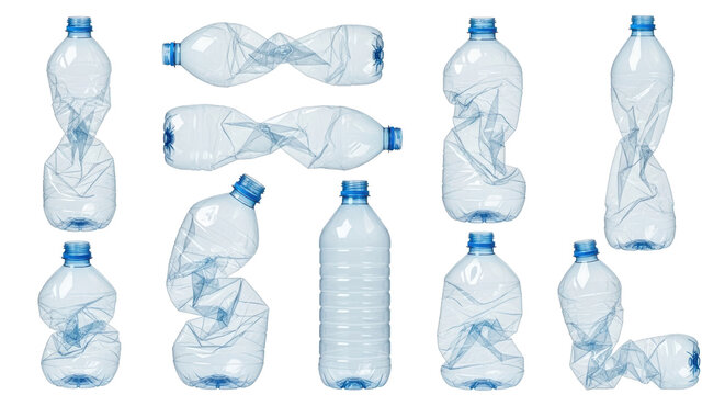 A striking studio shot showcases a collection of crushed and uncrushed plastic bottles against a transparent background, illustrating waste and the need for recycling.