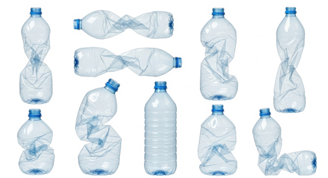 A striking studio shot showcases a collection of crushed and uncrushed plastic bottles against a transparent background, illustrating waste and the need for recycling.