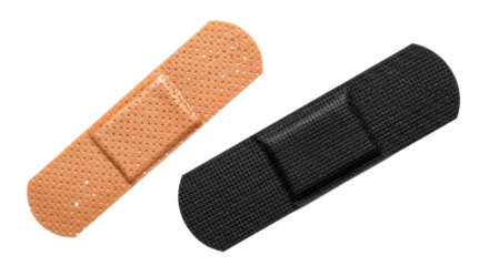 Two adhesive bandages, one beige and one black, provide wound care solutions against a transparent background for healthcare or medical needs.