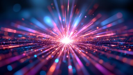 Naklejka premium Bright radiant light bursts from the center with vibrant pink, purple, and blue rays extending outward, creating a dynamic and futuristic visual effect.
