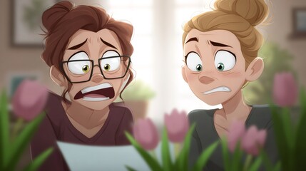 Two shocked women reading a letter on april fools' day