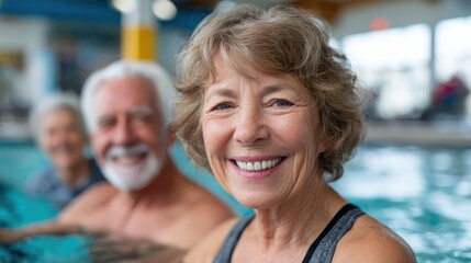 Seniors enjoying joyful moments together in a vibrant indoor pool setting