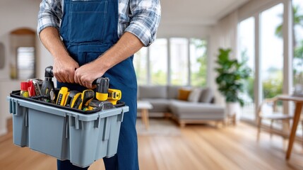 Ready for home repairs with tools in a gray box in a bright living room