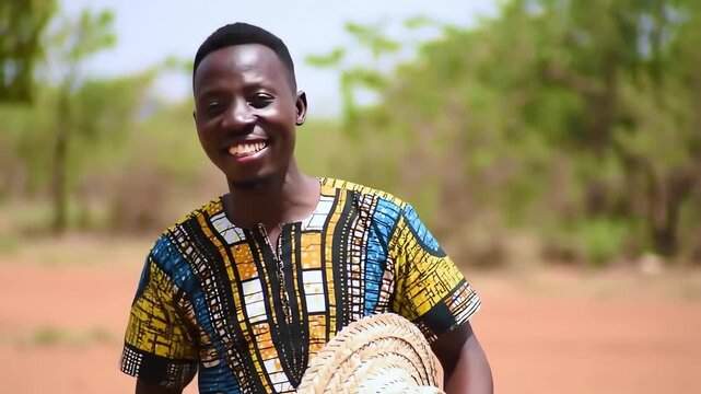 Happy young African man in colorful traditional clothing smiling joyfully in a rural outdoor setting