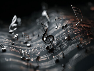 Música diseño de fondo.escritura musical.ilustración 3d de notas musicales y signos musicales de la hoja de música abstracta.canciones y melodía concepto.