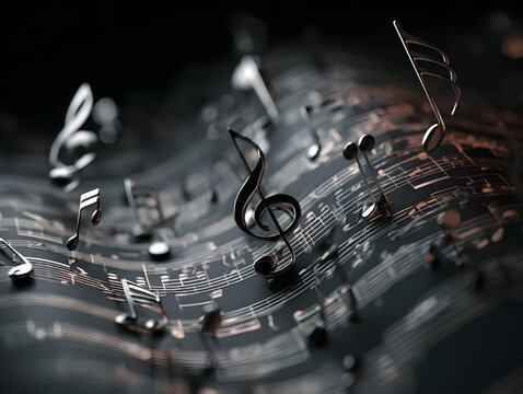 M&uacute;sica dise&ntilde;o de fondo.escritura musical.ilustraci&oacute;n 3d de notas musicales y signos musicales de la hoja de m&uacute;sica abstracta.canciones y melod&iacute;a concepto.