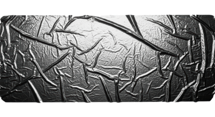 A shimmering silver surface with intricate crinkled and wrinkled patterns create a modern abstract design element, transparent background