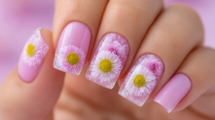 Transparent nails adorned with dried flowers, perfect for nail art enthusiasts and beauty trends.