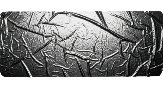 A shimmering silver surface with intricate crinkled and wrinkled patterns create a modern abstract design element, transparent background