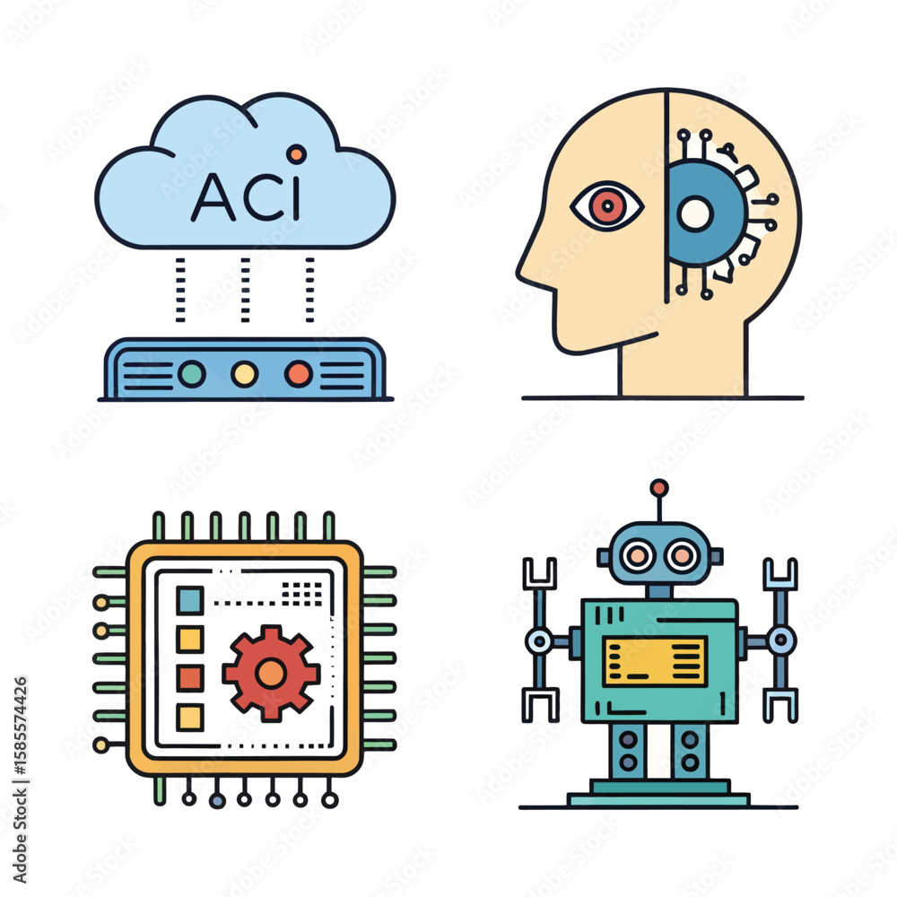 Poster technology icons cloud data a i robot chip flat color