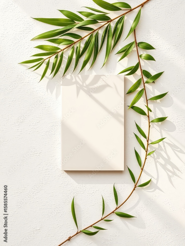 Poster minimalist composition of botanical elements with empty square canvas on white textured background