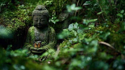 Stone Buddha statue sits among vibrant green moss and foliage in a lush garden