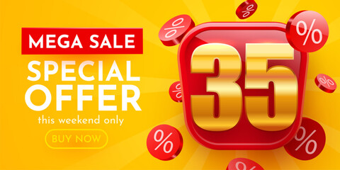 35 percent Off. 3d number 35. Sale banner. Vector illustration.