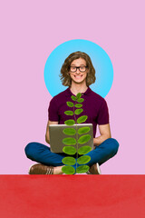 3d poster image vertical pop art collage of happy girl guy sit yoga pose spring leaves flower bloom ethereal florist holiday