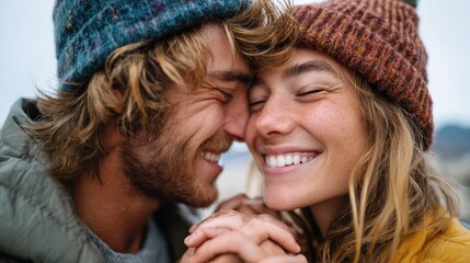 Joyful moments shared by a couple on a chilly coastal day