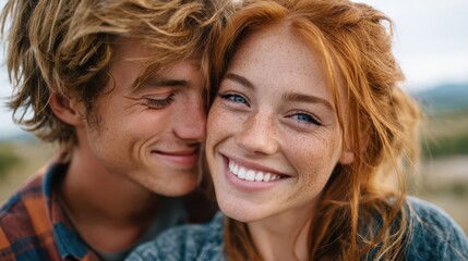 Couple shares a joyful moment in nature under a clear blue sky