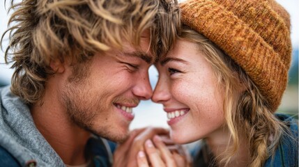 Couple sharing a joyful moment in a cozy outdoor setting during winter