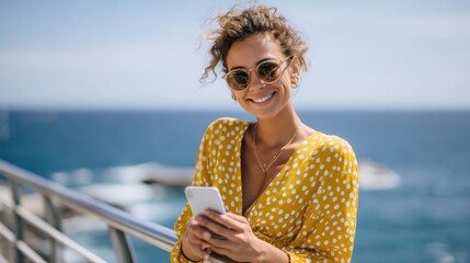 Bright yellow dress and sunny smiles by the ocean on a warm afternoon