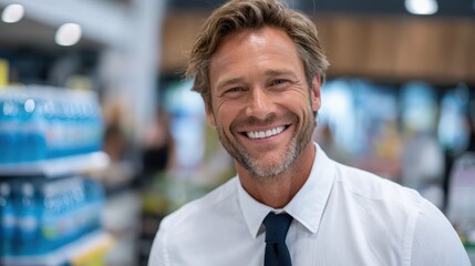 Smiling man in a grocery store wearing a shirt and tie