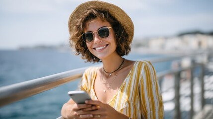 Smiling woman enjoying sunny day by the seaside while using her phone