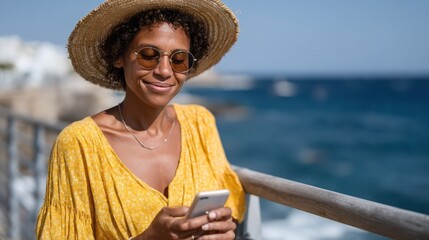 Enjoying a sunny seaside moment while checking messages on a phone