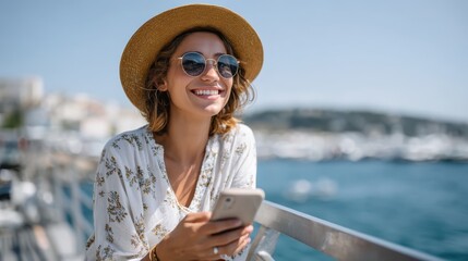 Joyful summer day by the coast with a cheerful woman enjoying her phone