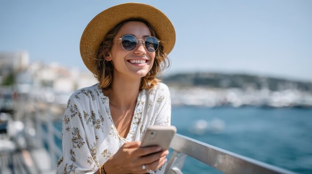 Joyful summer day by the coast with a cheerful woman enjoying her phone - Powered by Adobe