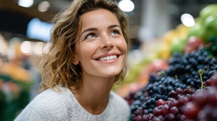 Joyful woman enjoying vibrant fruit selection at a bustling market