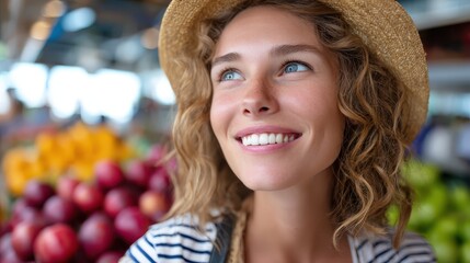 Joyful woman enjoying a vibrant market day filled with fresh produce