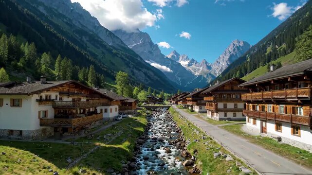 Mountain town Streams with wooden houses Landscape Nin in the Alpine valley