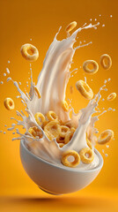 Cereal splashes in milk against a vibrant orange background, capturing the joy of a delicious breakfast moment