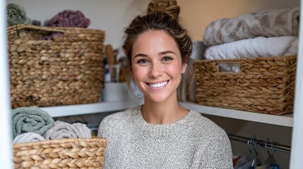 Cheerful woman organizing a cozy space filled with plush towels and baskets