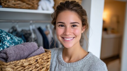 Smiling young woman organizing towels in a cozy laundry space