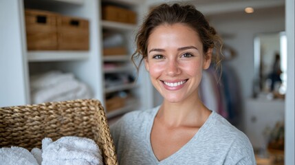 Smiling woman organizes fluffy towels in a cozy domestic laundry space
