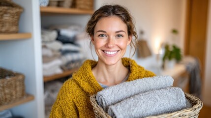 Cozy moments in a beautifully organized laundry room with a joyful woman