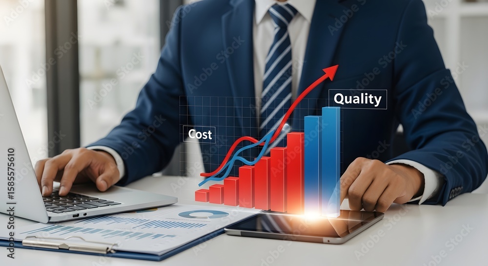 Poster analyzing business growth strategy cost reduction and quality improvement with data driven insights
