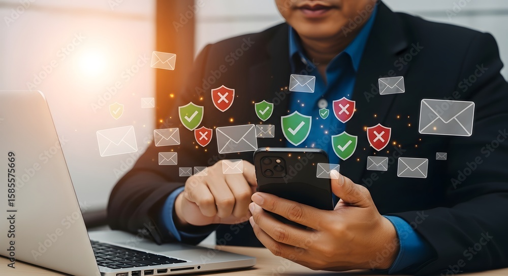 Poster email security concept businessman using smartphone with shield and email icons around him
