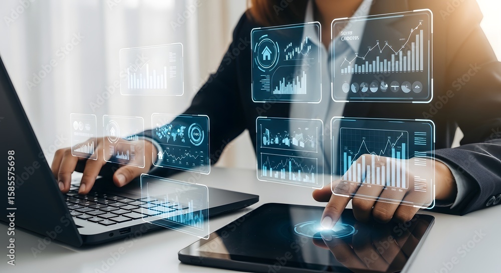 Poster analyzing business data with laptop and tablet for insights and strategic decision making process