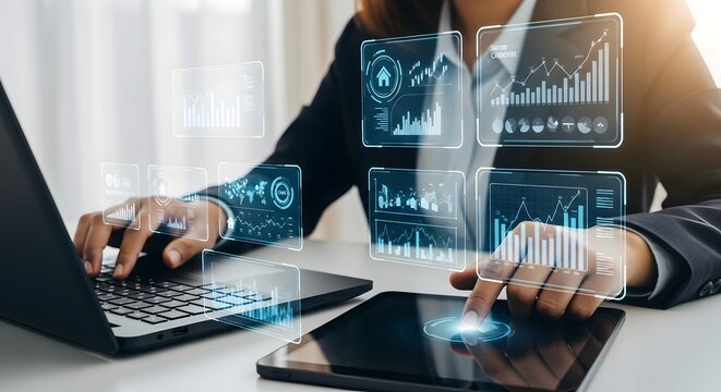 Analyzing business data with laptop and tablet for insights and strategic decision making process