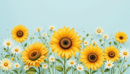 Obraz premium Bright yellow sunflowers bloom vibrantly in a sunny summer field, showcasing nature's beautiful floral artistry