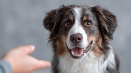 Fototapeta premium Happy australian shepherd interacting with owner, showing communication and training